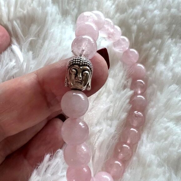 Rose Quartz /Buddha head‎ Bead Bracelet 6 3/4 in -17.2 cm - Picture 1 of 10